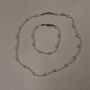 Potato Pearl Necklace and Bracelet Set with silver clasps.